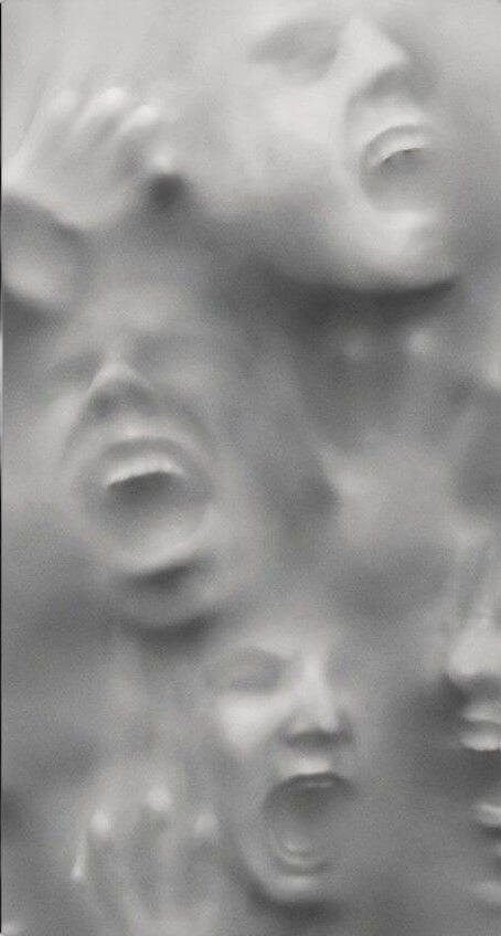 Blurred sculptural image of distorted human faces pressing through a translucent surface, mouths open in silent screams. The haunting, raw expression reflects the kind of unfiltered, emotionally charged contemporary art that appeals to Singaporean collectors seeking authenticity beyond polished commercial aesthetics.