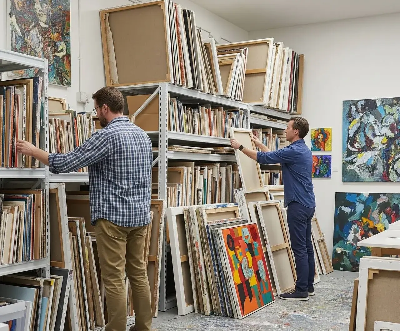 Oil and lacquer paintings displayed in a climate-controlled living room to preserve artwork in stable conditions.